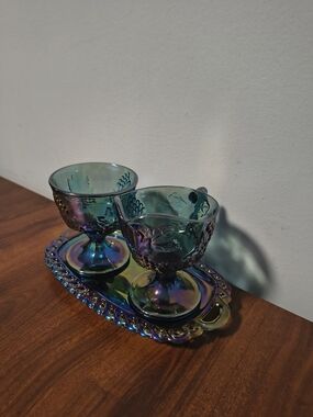3 Piece Indiana Glass Harvest Grape Blue Carnival Sugar Creamer Set with Tray